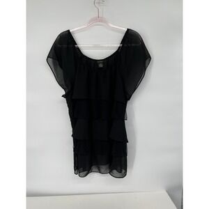 Rue Options Black Ruffle Tiered Sheer Tunic Top Blouse Size L